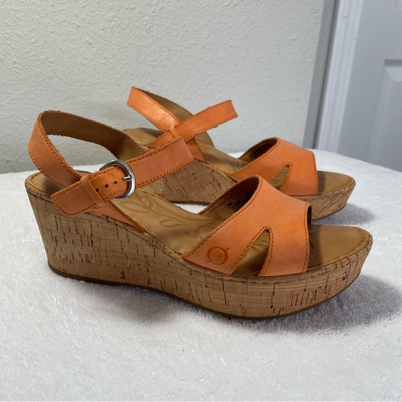 Born Shoes - Born Wedge Orange Leather and Cork Platform Sandal Women's Size 8M